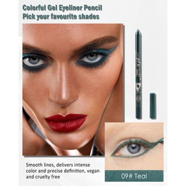 Teal Eyeliner Pencil Gel, Multi-Use Cream Eyeliner Waterline Waterproof Smudge-Proof Long Lasting, Eye Liner Brightener Pencil with Sharpener, High Pigmented Cruelty Free Colored Delineador De Ojos-09