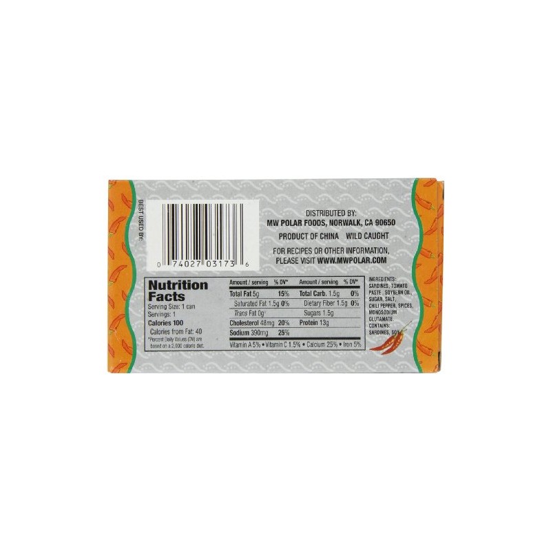 MW Polar Sardines, Hot Tomato Sauce, 3-Ounce (Pack of 24)
