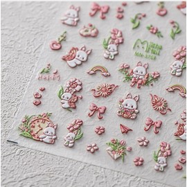 Bunny Nail Art Stickers Easter Nail Art Decals 5D Embossed Flower Nail Stickers Pink Bow Floral Heart Leaf Rainbow Rabbit Nail Supplies Spring Summer Manicure Accessories for Women Nail Decoration