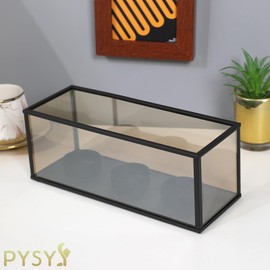 Black Metal Glass Frame Candle Holder with 3 Round Tealight Bases，Long Glass Tea Light Candle Holder Centerpiece Box, 8.5 x 3.15 x 3.15in (3 Candle Cup Bases)