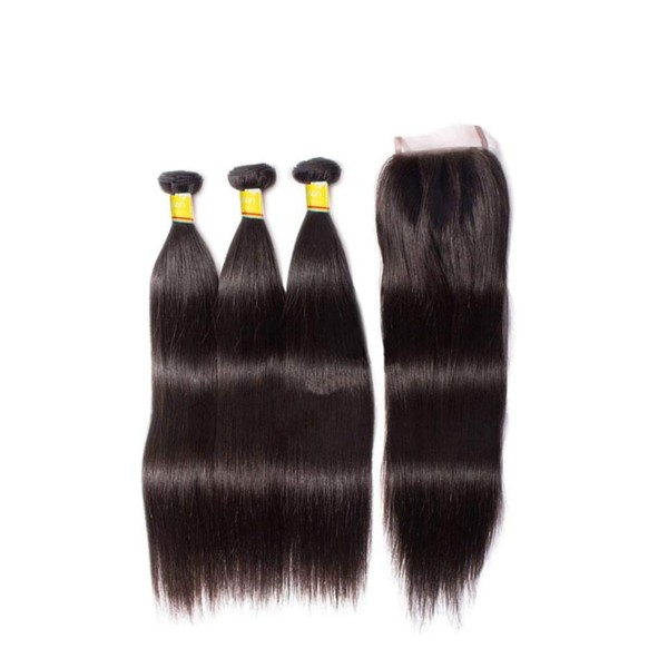 Hairyounique All-in-One Super Value: Top Closure Three Bundles Silky Straight (14", 14", 14") Wig Caps