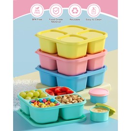 4 Pcs Snack Box Containers Set, Reusable 4 Compartment Lunchable Container with 2Pcs Sauce Containers, Stackable BPA-Free Bento Box for School, Work, Travel (4 Color)