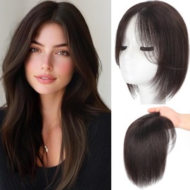 Hair Toppers for Women Real Human Hair, 360°3D Topper for Women with Thinning Crown Wispy Clip in Bangs Breathable Hand Tied Craft Big Coverage Hairpieces(Dark Brown, 12 Inch-3D-Side)