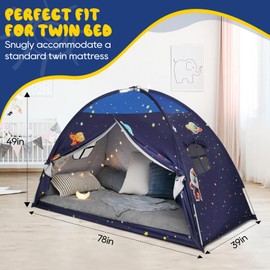 Twin Bed Tent Twin Bed Canopy Indoor Blackout Privacy Tent Portable Sleeping Tents Floor Bed Tent for Kids with Lights and Flags, Bunk Bed Curtains Tent (Blue)