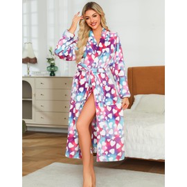 ENJOYNIGHT Womens Plush Fleece Robe Long Fluffy Spa Bathrobe Soft Sleepwear (Large, Heart)
