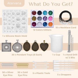 Atarvana 167pcs Resin Jewelry Making Kit & Accessories, Resin Jewelry Making Kit with 30Pcs 5 Styles Metal Pendant, 1pcs Jewelry Molds, 10pcs Necklace, 1pcs Drill, 100pcs Nails, 12pcs Glitter