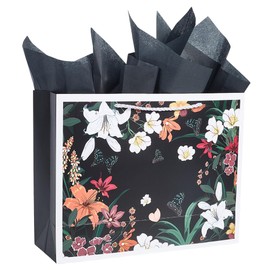 SOFPLATE 10 x 12.5 x 4.6 Zoll Blumenn Geschenktüte Schwarze Papiertüten Mit Seidenpapier Griff Blumenn Design Wiederverwendbarer Geschenkpapierbehälter Zum Verpacken von Geschenken Valentinstag Geburt