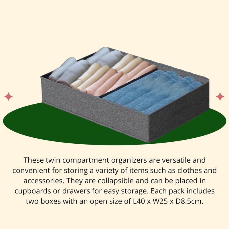 Lizzy Twin Compartment Organisers 8.5x25x40cm | Drawer Organiser Divider Collapsible