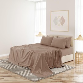Lux Decor Full Sheet Set - 6 PC Brushed Microfiber Bed Sheets 16 Inches Deep Pockets - Embroidered & Plain Pillowcases - Hotel Luxury Sheets Full Size Bed Set - Soft Bedding Sheets (Taupe)