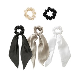 Pack of 5 Bow Hair Ties Satin Scrunchies for Women Thick Hair Silk Ponytail Scarf Holders Hair Accessories for Teens Fancy Black,Gray,White