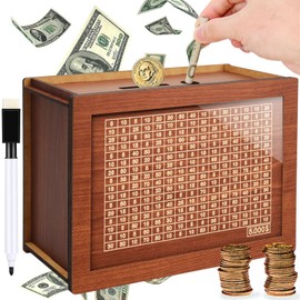 $5000 Cash Vault Wooden Savings Box,2024 New Wooden Savings Box with Money Target & Numbers,Retro Cash Saver Box, Reusable Coin Counter Piggy Bank
