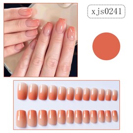 24Pcs Square Press on Nails Medium RTKHFZE Fake Nails Orange Color Gradient Full Cover Acrylic Nails Glossy Artificial Nails Medium False Nails for Women Manicure