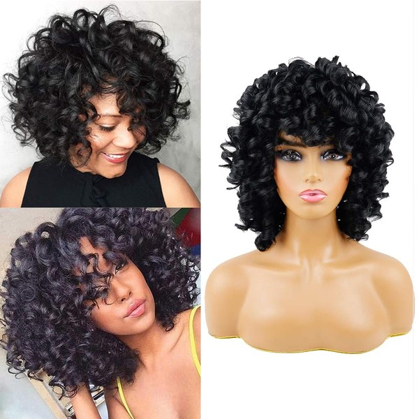 Andromeda Short Curly Wigs for Black Women Soft Curly Wig with Bangs Fluffy Curls Synthetic Hair Wigs Natural Black Loose Curly African American Costume Cosplay Half Wigs （Black）