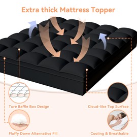 Topllen Twin XL Mattress Topper for Back Pain, Extra Thick Pillow Top Mattress Pad Cover with 8"-21" Deep Pocket, Soft Mattress Protector Filled Down Alternative for College Dorm (Black, Twin XL)