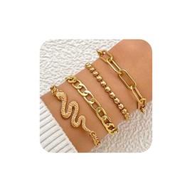 Aneneiceera Vintage Layered Snake Bracelet Set Gold Paperclip Chain Bracelet Curb Chain Bracelets Multi Layer Chunky Bracelet Gothic Serpent Bracelet Hand Chain Bracelet for Women Girls (With Snake)