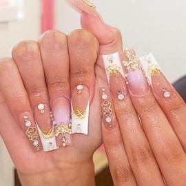 BABALAL Long Square Press on Nails White Fake Nails French Tip Glue ons Nails Luxury Gold Clover and Cross Charm Design Acrylic Nails 24Pcs Squoval