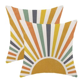 AEIOAE Summer Sunshine Pillow Covers 18 X 18 Inch Set of 2, Yellow Stripes Sunshine Throw Pillow Covers Boho Rainbow Sun Outdoor Decorative Pillows for Couch Home Sofa Living Room