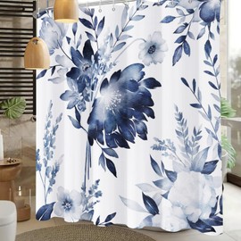 YiarTaan Long Shower Curtain,Navy Blue Floral Shower Curtains for Bathroom,Watercolor Flowers Plant Leaf Bath Curtain Sets,Waterproof Fabric Cloth Shower Curtain Sets 72x78in with Hooks