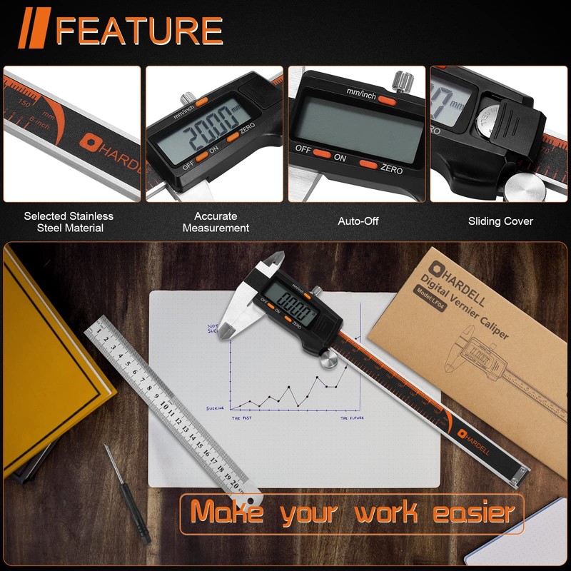Digital Caliper, HARDELL 6 Inch Stainless Steel Calipers Measuring Tool