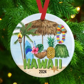 2024 Handmade Hawaiian Tiki Torch, Grass Skirt, Lei, Coconut Drink, Pineapple, Palm Trees Ceramic Christmas Ornament. Ideal Holiday Vacation Keepsake comes with Red Satin Ribbon