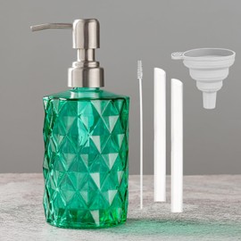 Easy Tang Glass Soap Dispenser Bathroom Kitchen 12 Oz Crystal Design with Silver Pump, Refillable Liquid Soap Dispenser (Green)
