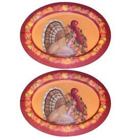 2 Thanksgiving Oval Platter, Turkey Serving Platter, Melamine Thanksgiving Dishes, Fall Harvest Leaves and Turkey Tray, Kitchen wall decor, Oval Platter for Serving Food, 2 Serving Platters in Total