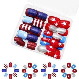 48Pcs 4th of July Press on Nails, Short Square Fake Nails Independence Day False Nails Star Press on Nails Red Blue Acrylic Nails Glitter Full Cover Stick on Nails for Women 12 Sizes- 2Styles
