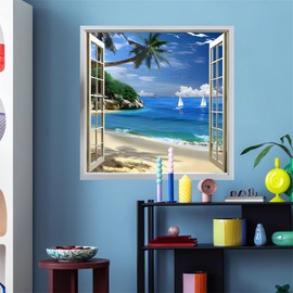 Seafront Beach Coconut Tree Fake Window Wall Stickers, sacinora 3D Seashores Seascape Wall Decals Removable Vinyl Peel and Stick Living Room Bedroom Art Home Decorations