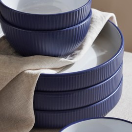 Christian Siriano Larosso 24-Piece Stoneware Dinnerware Set with Dinner Bowls and Pasta Bowls, Plates and Bowls Set, Dish Set for 8, Dark Blue