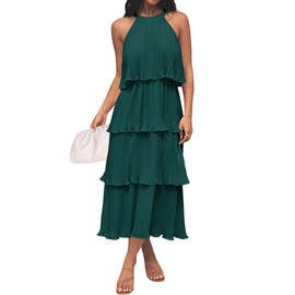 ZESICA Women's 2024 Summer Sleeveless Halter Neck Ruffle Tiered Layed Chiffon Flowy Swing Long Midi Dress,DarkGreen,Small