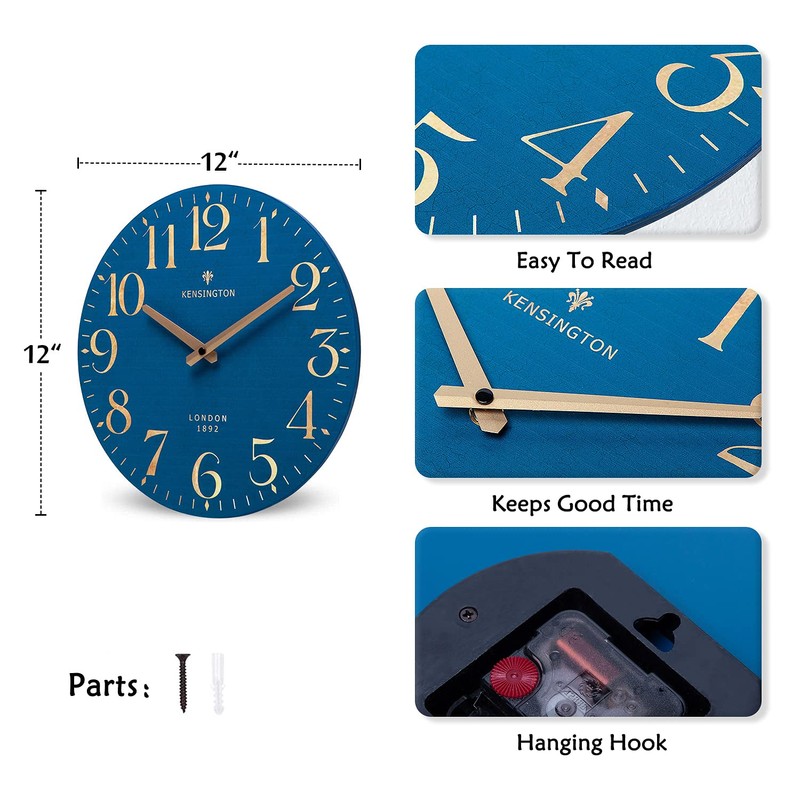 NIKKY HOME Navy Blue Wooden Wall Clock 12 Inch -