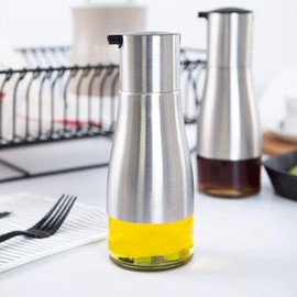 MHtech Stainless Steel Visible Cruet Oil Dispenser Bottle, with Lever Release Spout for Oil, Vinegar, 300 ml Dust and leak-proof kitchen appliance (300 ml + 2 pieces).