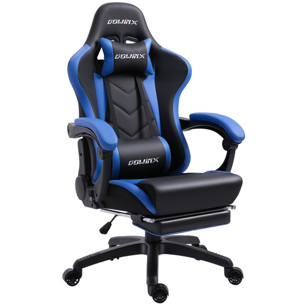 Dowinx Gaming Chair Ergonomic Racing Style Recliner with Massage Lumbar Support, Office Armchair for Computer PU Leather E-Sports Gamer Chairs with Retractable Footrest (Black&Blue)
