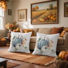 WitHero Fall Pillow Covers 18x18 Set of 2, White Linen Blue Pumpkin Decorative Throw Pillow Cases, Double-Sided Print, Autumn Harvest Cushion Covers for Couch Sofa Bed