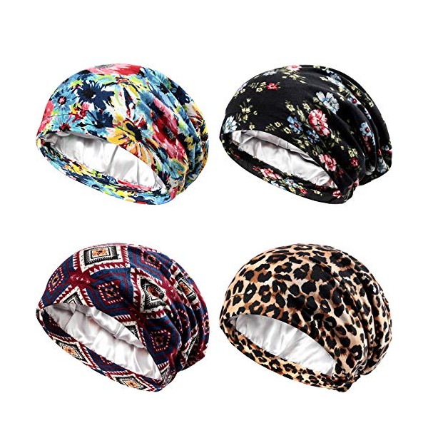 4 Pieces Satin Lined Sleep Cap Double Layer Silk Sleeping Bonnet Slouchy Beanie Slap Hat for Women Curly Hair (Black, Blue and Wine Red, Leopard, Blue and Pink)