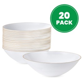 PLASTICPRO PLASTICPRO [16 OZ 20 Count] White Plastic Floral Design Party Soup bowls With Gold Rim Premium heavyweight Elegant Disposable Tableware Dishes