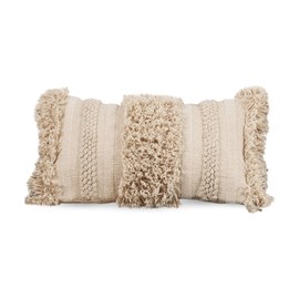 SARO LIFESTYLE Max Collection Fringe Stripe Throw Pillow with Down Filling, 12" x 20", Natural