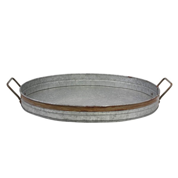 Stonebriar Oval Galvanized Serving Tray with Rust Trim and Metal Handles, Large, Gray