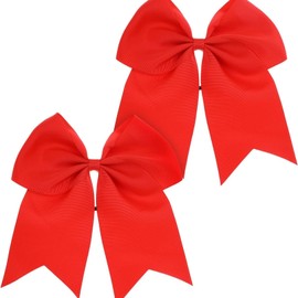 Hair Bow Duo for Women - Large 8 Inch Lacrosse Bows in Red for Cheerleaders with Comfortable Rubber Clip - Perfect for Festivals, Photo Shoots & Everyday Use