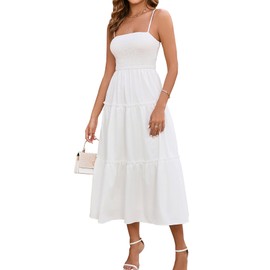 EYNMIN Women's Summer Midi Dress Casual Boho Beach Sundress Spaghetti Strap Sleeveless Smocked Flowy A-Line Dresses White S