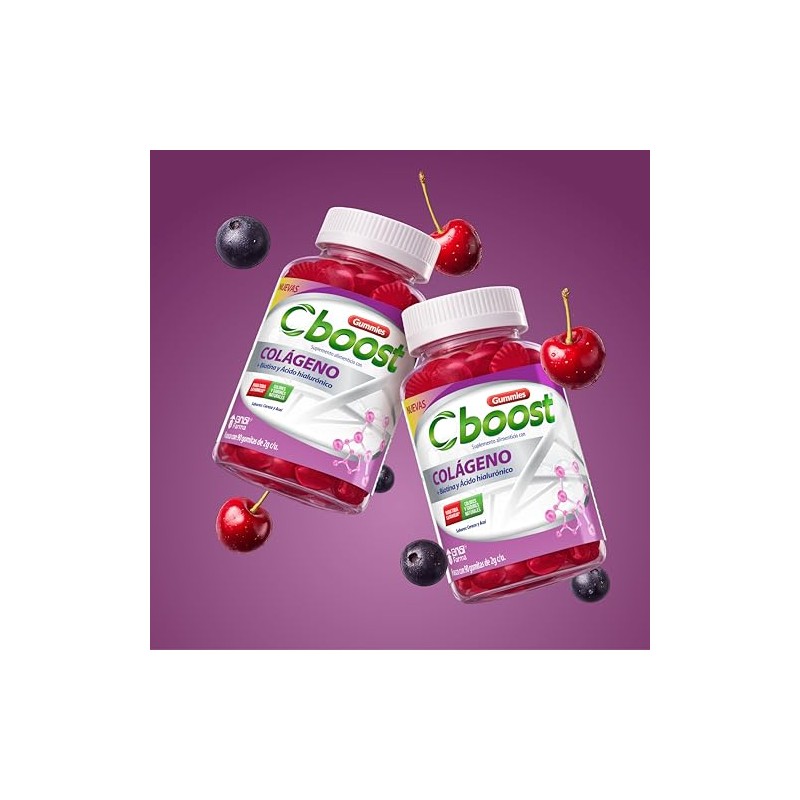 Cboost - Gomitas Colágeno, Biotina y Ácido Hialurónico, Cereza, 90