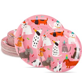 Yiyiring 100 Pcs Dog Theme Birthday Party Plate Pink Dog Tableware Includes 9" 7" cute Cartoon Dinner Disposable Plates for Animal Pet Birthday Party Table Decor Supplies