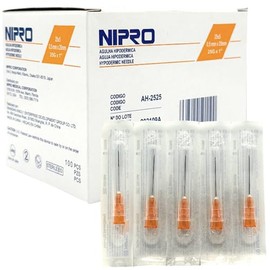 NIPRO Aguja Hipodérmica 25G x 25 mm (1”), Naranja, Estéril y Desechable, Ultra Thin Wall, Punta Tribiselada, Caja con 100 Piezas