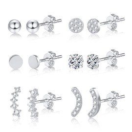 ASH'S CHOICE Women's 925 Silver Earrings, 6 Pairs of 925 Silver Stud Earrings, Small Earrings Set, Multipack Glitz Stud Earrings with Rhinestones, Zirconia, Leaf, Star, Moon, Leaf, Ball Stud Earrings,