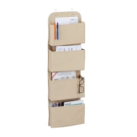 Relaxdays Hanging Organiser, 4 Compartments, Door Organiser with Hooks for Hanging, Fleece Hanging Storage, Bathroom & Office, Beige