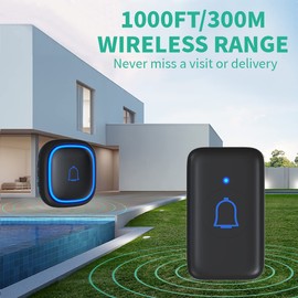 IP66 Doorbell Wireless Classroom Doorbell Waterproof & Dustproof with 66 Chimes Loud 115dB Door Bell Ringer 1000ft Range Electric Doorbells 7 Levels Volume Mute Mode for Bedroom Home Kids Room Office