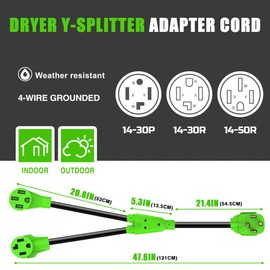 EVMASTER NEMA 14-30P to 14-30R/14-50R Dryer Y Adapter Splitter,4 Prong Dryer Outlet Plug Adapter Cord,250 Volt,10 AWG STW,30 Amp to 30 Amp/50 Amp