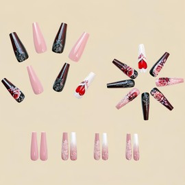 Flower False Nails Valentine's Day Press on Nails Ballet Shaped Red Love Heart Rose Design Valentine's Acrylic Naills Full Cover Artificial Nails Heart Stick on Nails 24Pcs Holiday Nails for Women