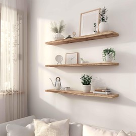 YYWUOJJ Wood Floating Shelves for Wall, Rustic Wall Shelves for Bedroom, Wall Mounted Floating Shelf, Set of 4 Light Walnut 36 Inch