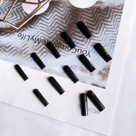 Black Press On Nails Extra Long Coffin, KXAMELIE Fake Nails for Sticking Pure Shiny Ballerina Full Cover Acrylic Nails for Women and Girls Daily Use 24 Pieces